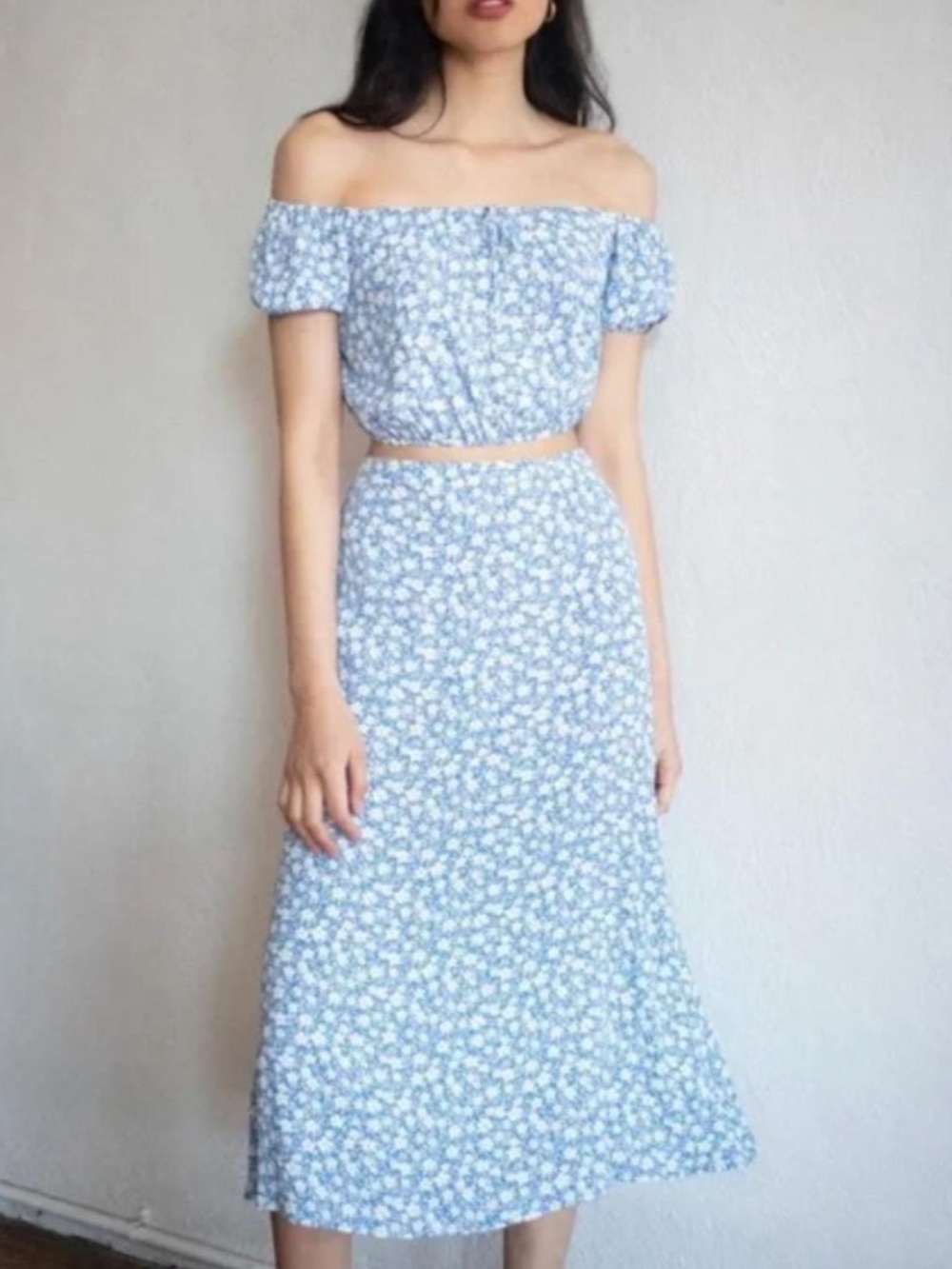 NWT Reformation Blue Floral Puff-Sleeve Crop Top